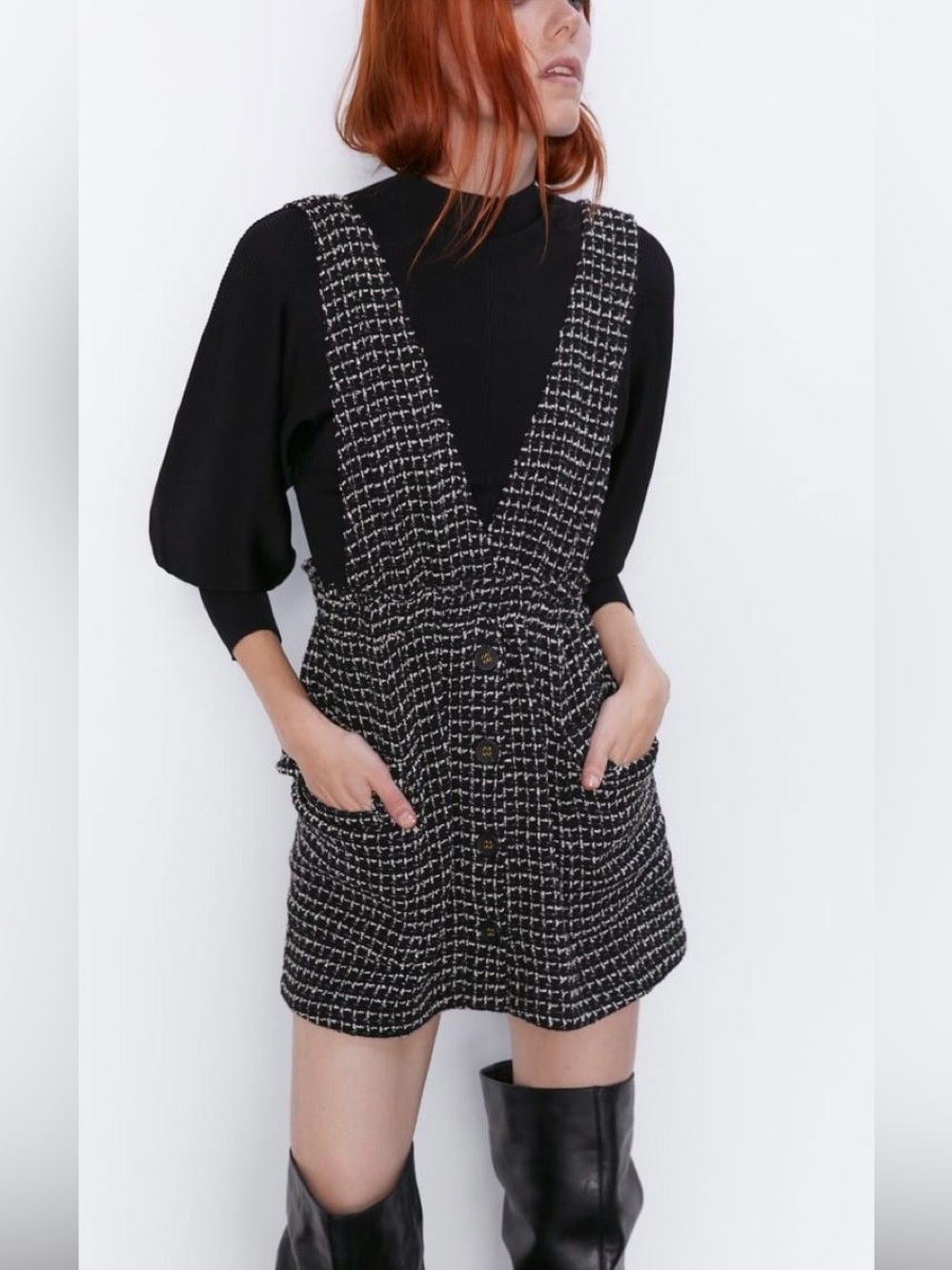 Zara Black & White Tweed Mini Dress with Button Front